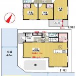 建物100㎡越え、電動シャッター有り、一番いる時間の長いリビングの天井高２．５ｍ、各階に手洗いを備え、キッチン裏パントリー、生活のしやすさとデザイン性を追求しました。(間取)